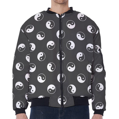 Grey And White Yin Yang Pattern Print Zip Sleeve Bomber Jacket