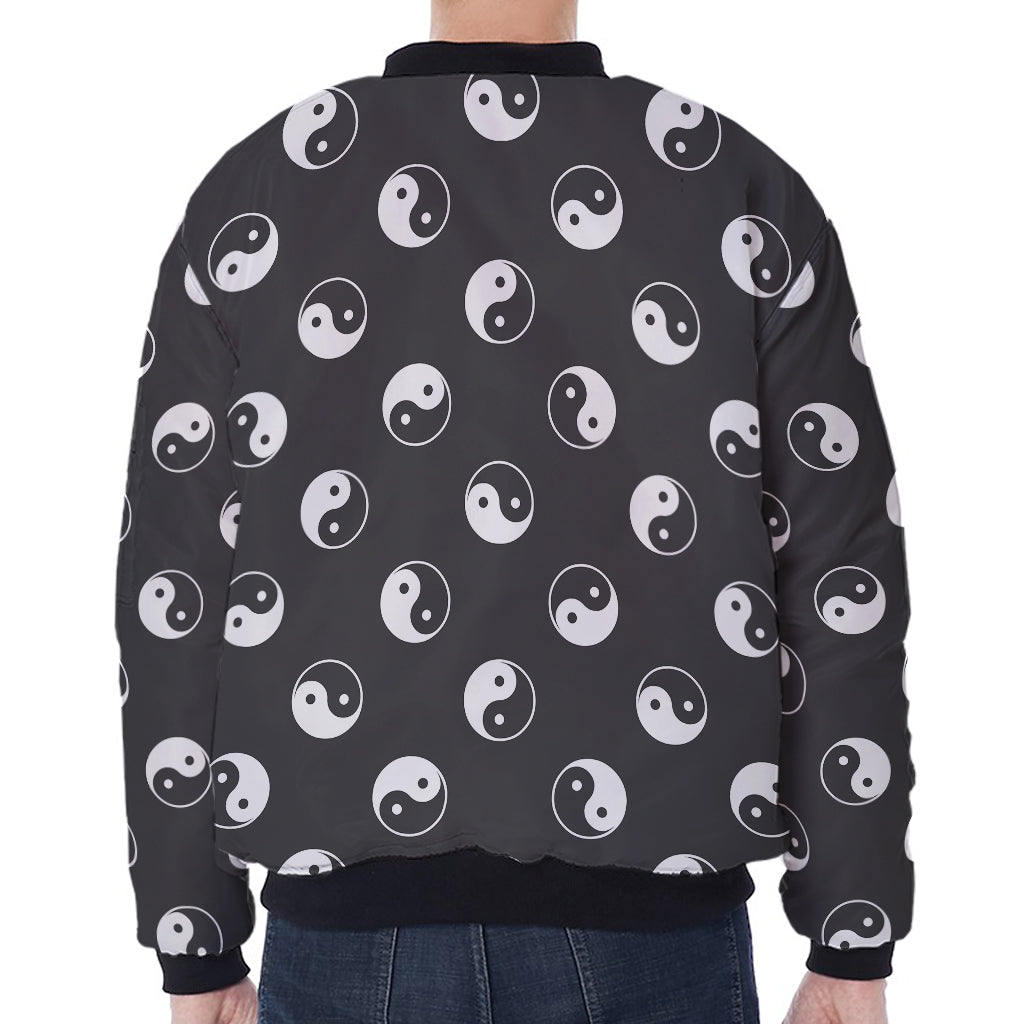 Grey And White Yin Yang Pattern Print Zip Sleeve Bomber Jacket