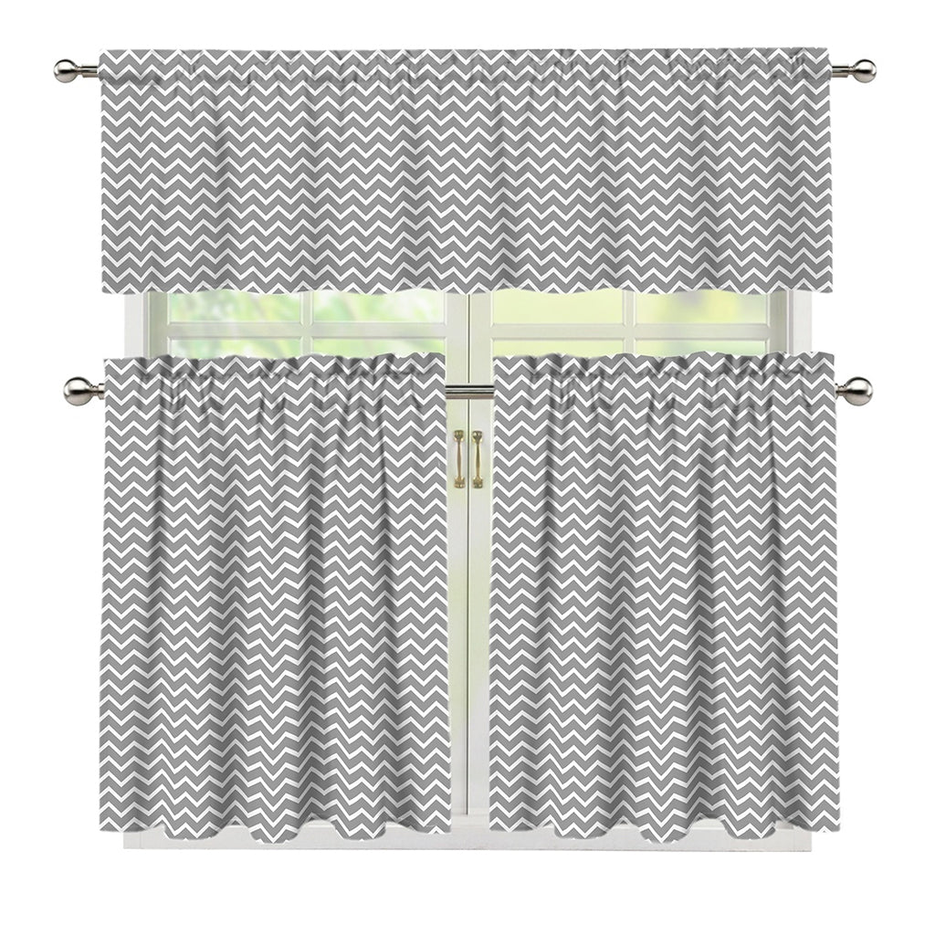 Grey And White Zigzag Pattern Print 3 Piece Kitchen Curtains