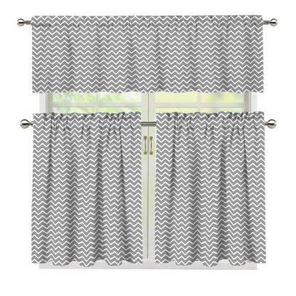 Grey And White Zigzag Pattern Print 3 Piece Kitchen Curtains