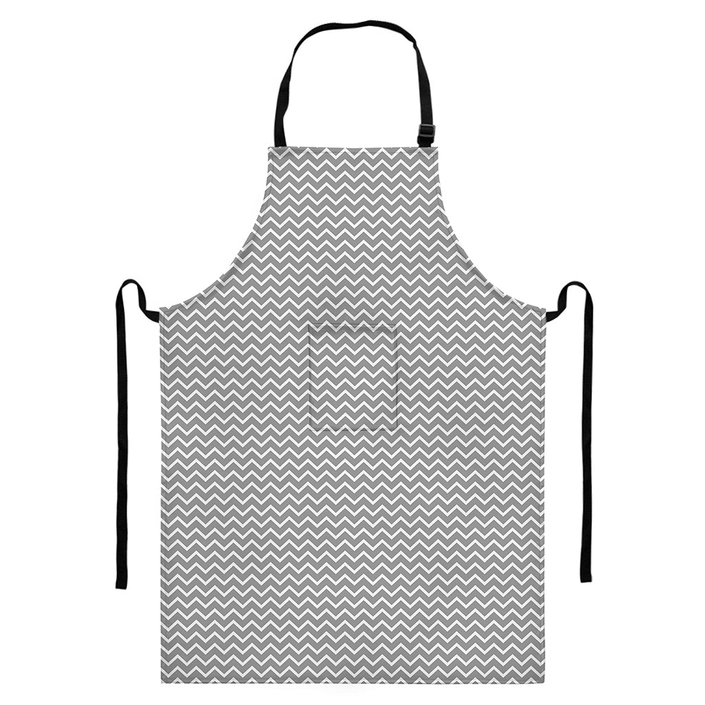 Grey And White Zigzag Pattern Print Bib Apron With Pocket