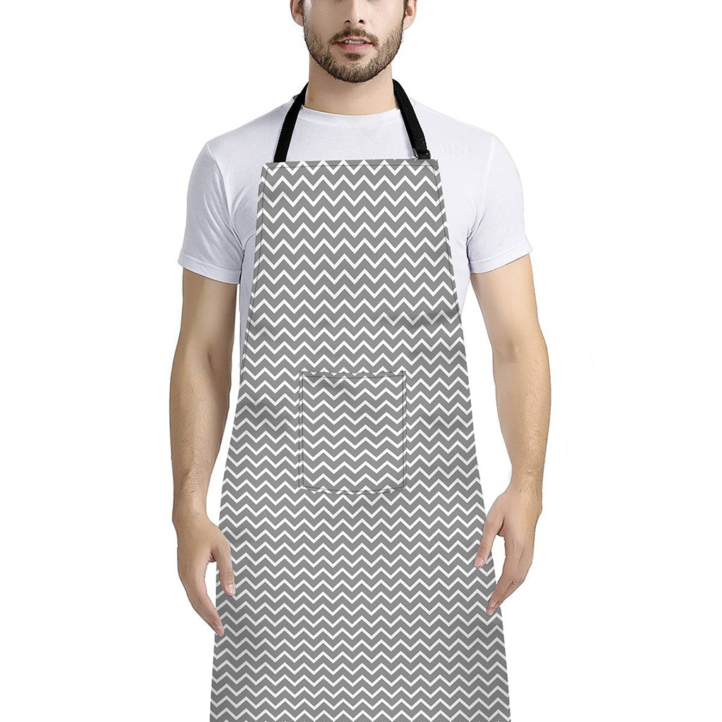 Grey And White Zigzag Pattern Print Bib Apron With Pocket