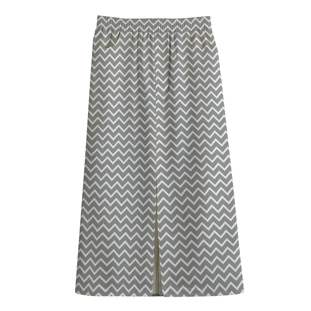Grey And White Zigzag Pattern Print Cotton Front Slit Maxi Skirt