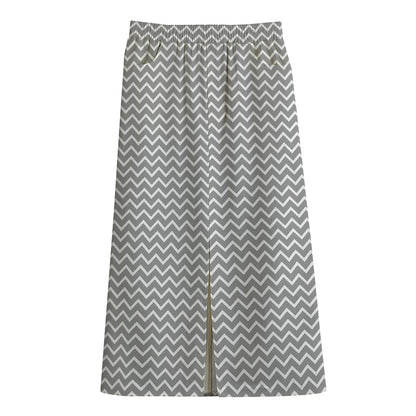 Grey And White Zigzag Pattern Print Cotton Front Slit Maxi Skirt