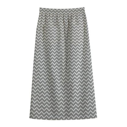 Grey And White Zigzag Pattern Print Cotton Front Slit Maxi Skirt