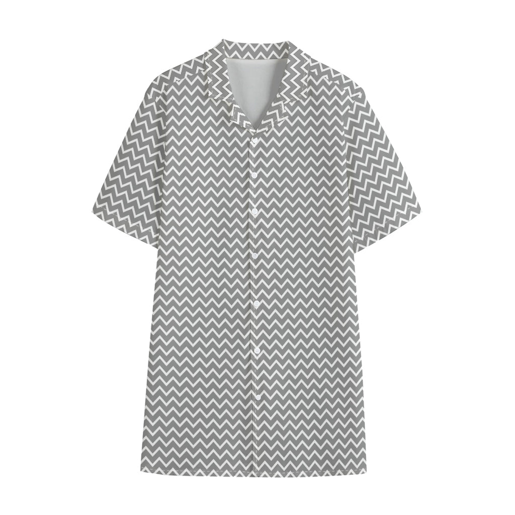 Grey And White Zigzag Pattern Print Cotton Hawaiian Shirt