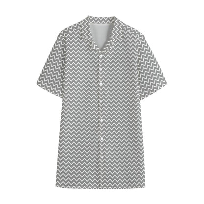 Grey And White Zigzag Pattern Print Cotton Hawaiian Shirt