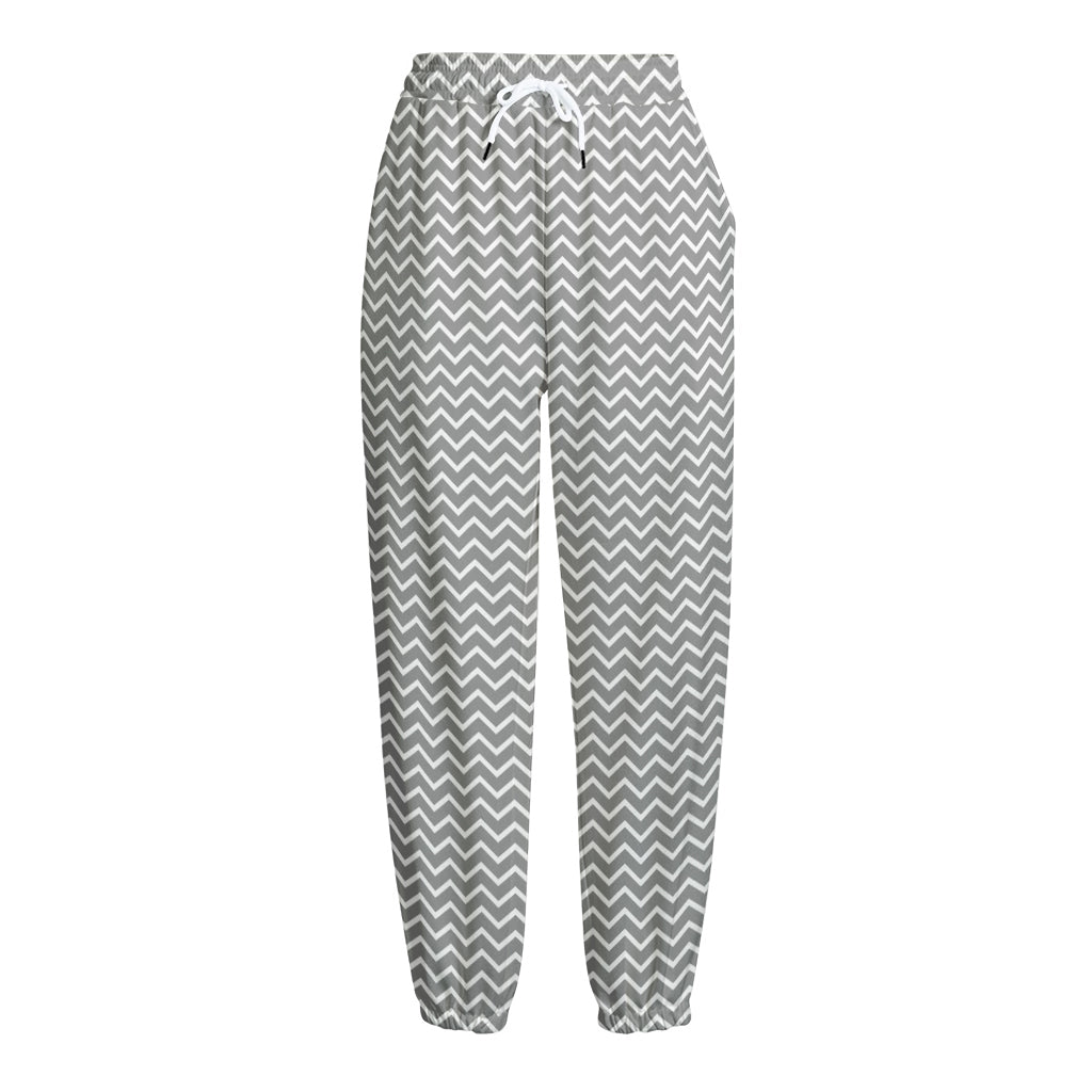 Grey And White Zigzag Pattern Print Fleece Lined Knit Pants