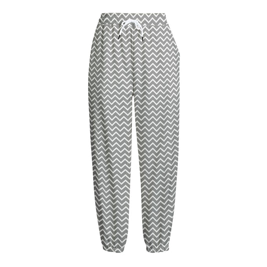Grey And White Zigzag Pattern Print Fleece Lined Knit Pants