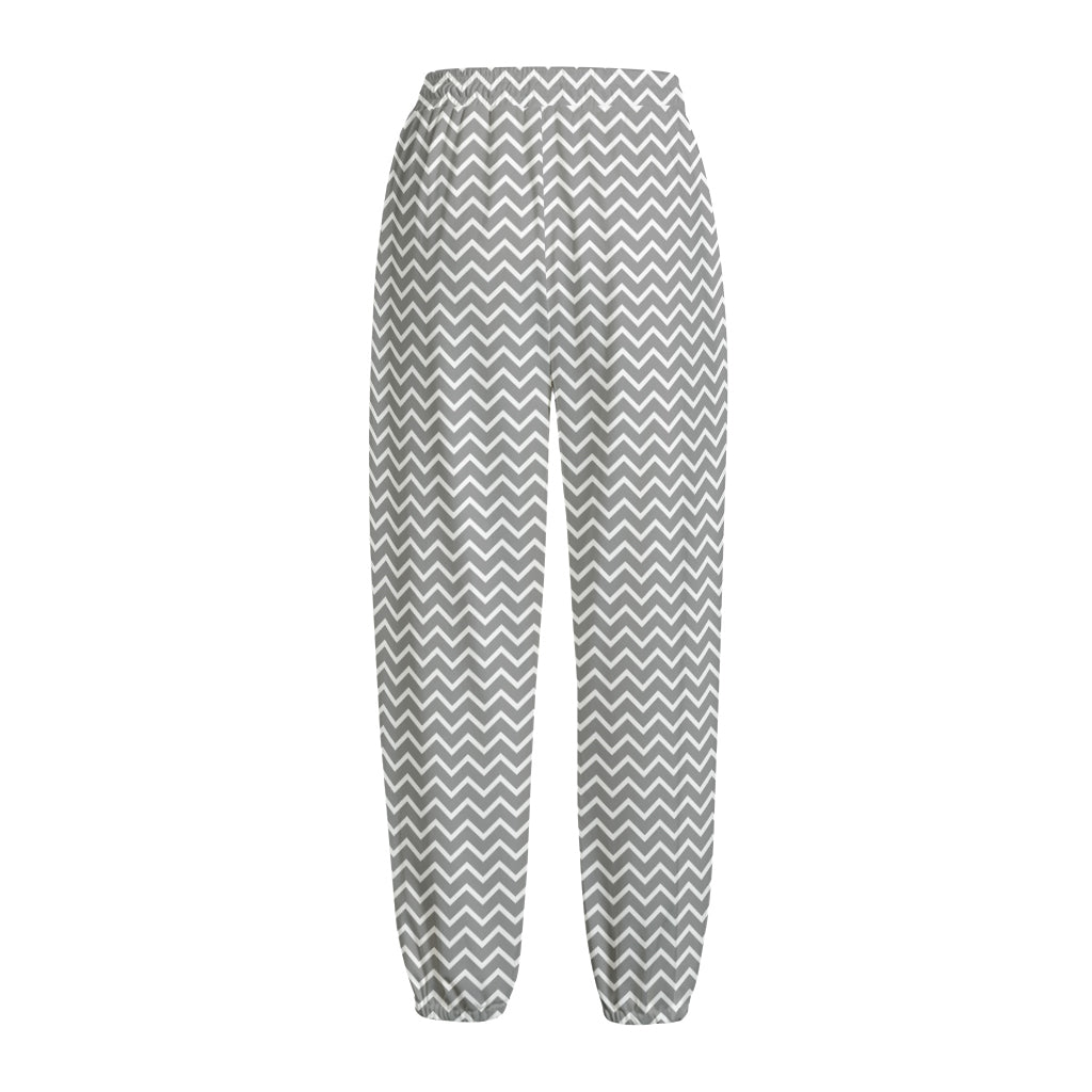 Grey And White Zigzag Pattern Print Fleece Lined Knit Pants