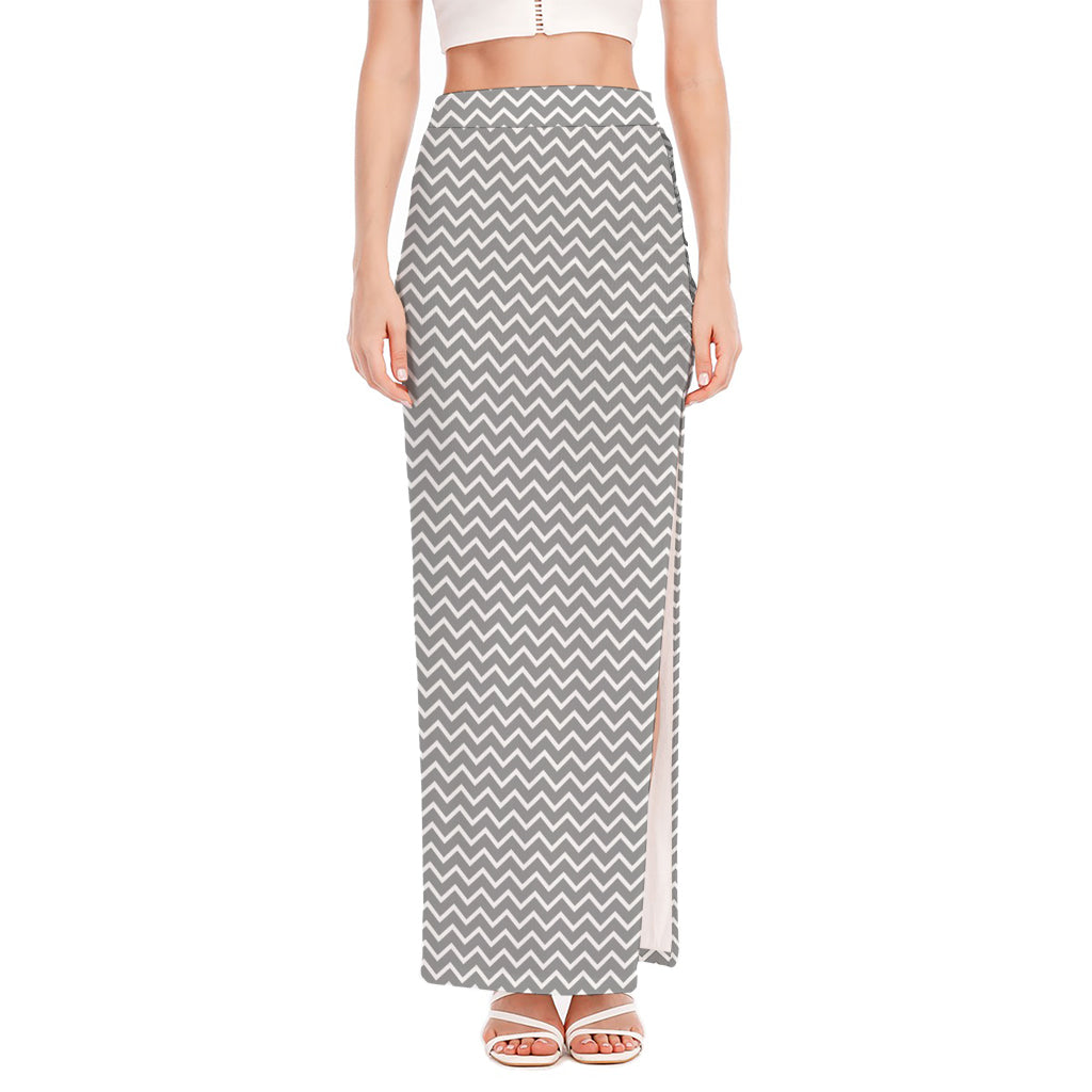 Grey And White Zigzag Pattern Print High Slit Maxi Skirt