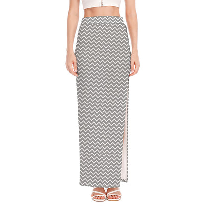 Grey And White Zigzag Pattern Print High Slit Maxi Skirt