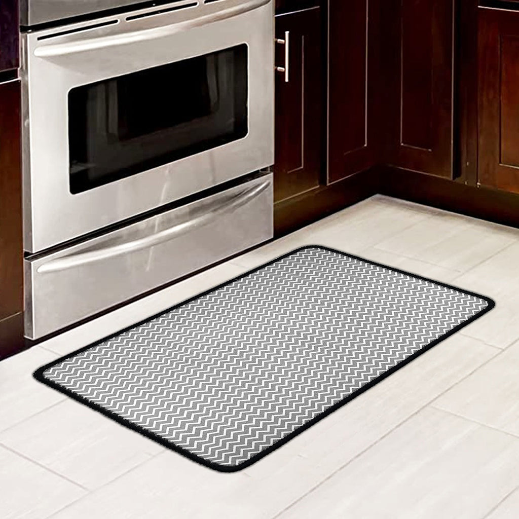 Grey And White Zigzag Pattern Print Kitchen Mat
