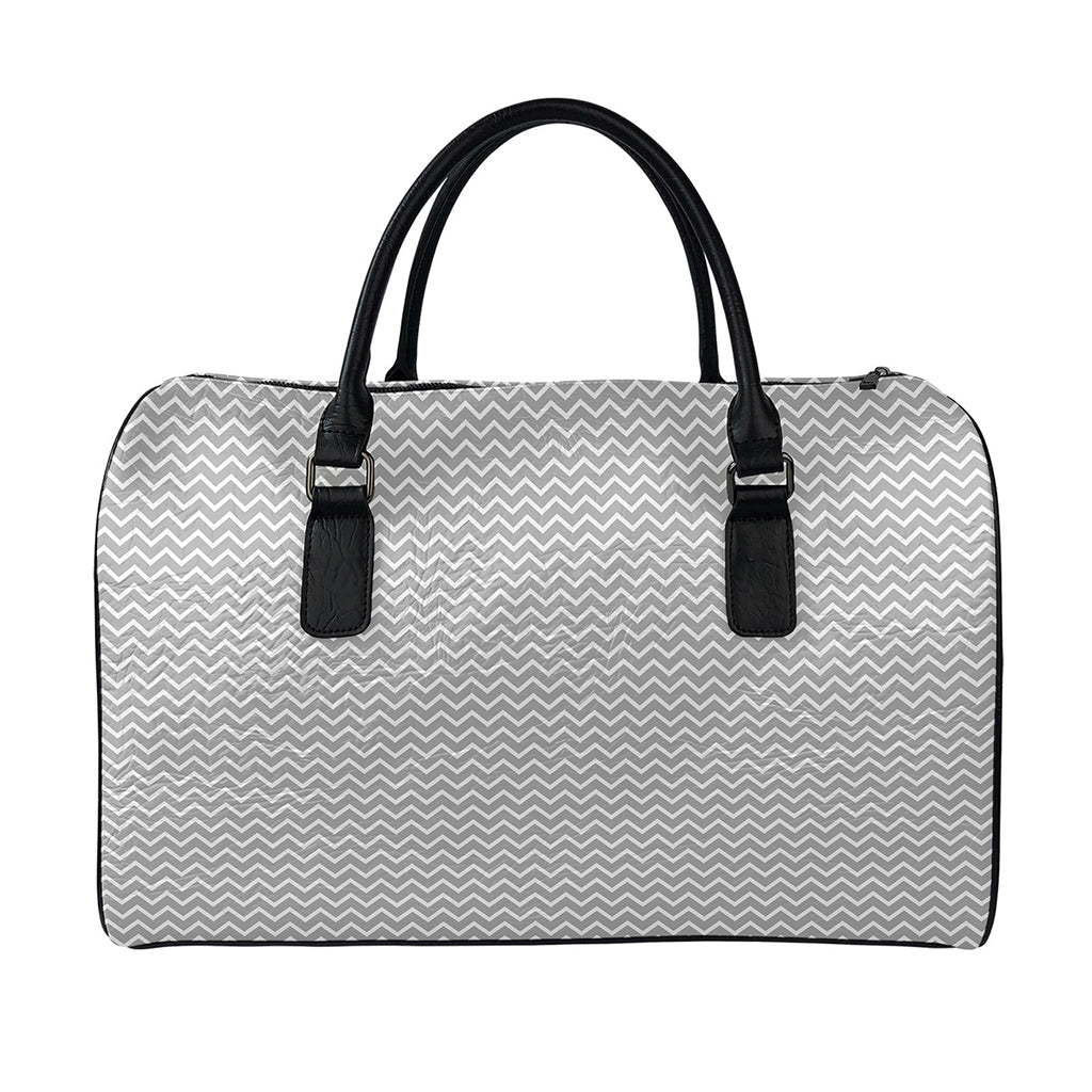 Grey And White Zigzag Pattern Print Leather Duffle Bag