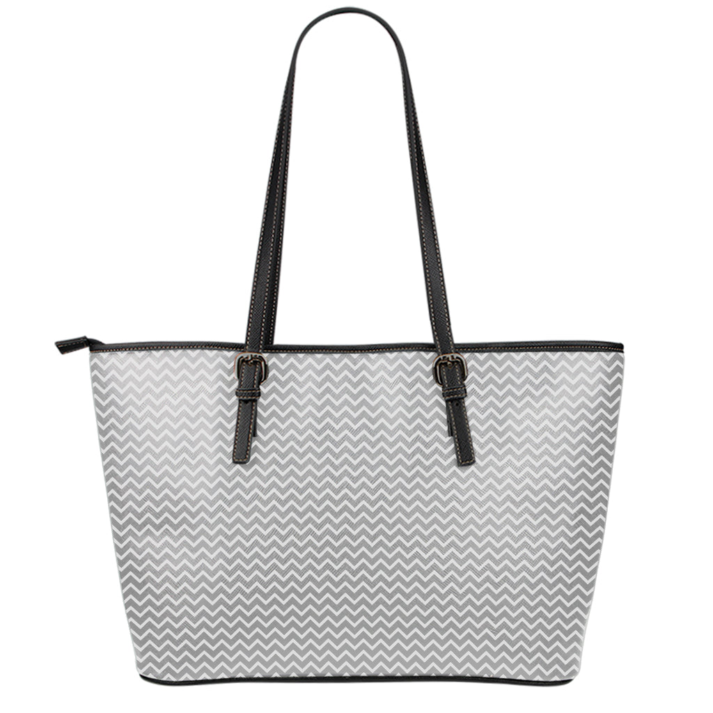Grey And White Zigzag Pattern Print Leather Tote Bag