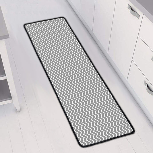 Grey And White Zigzag Pattern Print Long Kitchen Mat