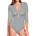 Grey And White Zigzag Pattern Print Long Sleeve Swimsuit