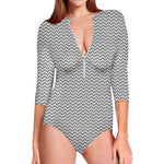 Grey And White Zigzag Pattern Print Long Sleeve Swimsuit