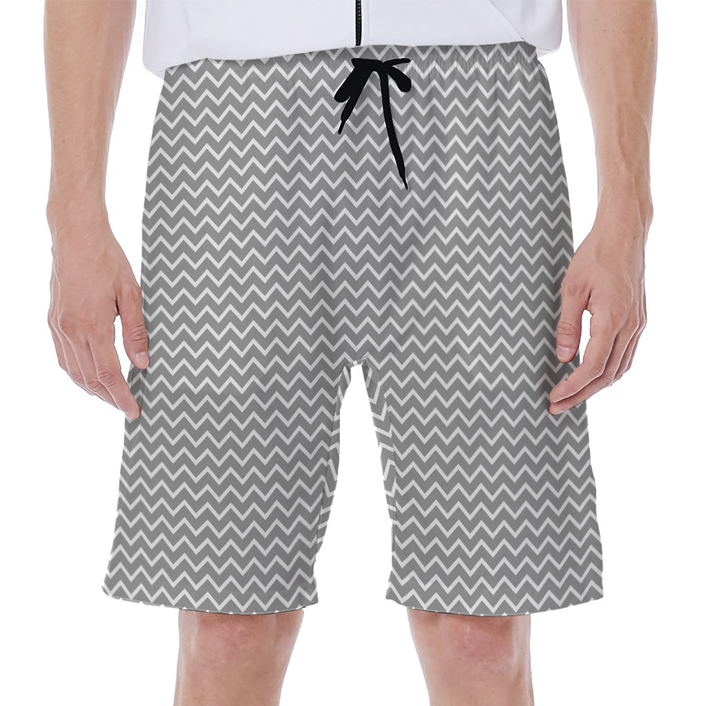 Grey And White Zigzag Pattern Print Men's Beach Shorts