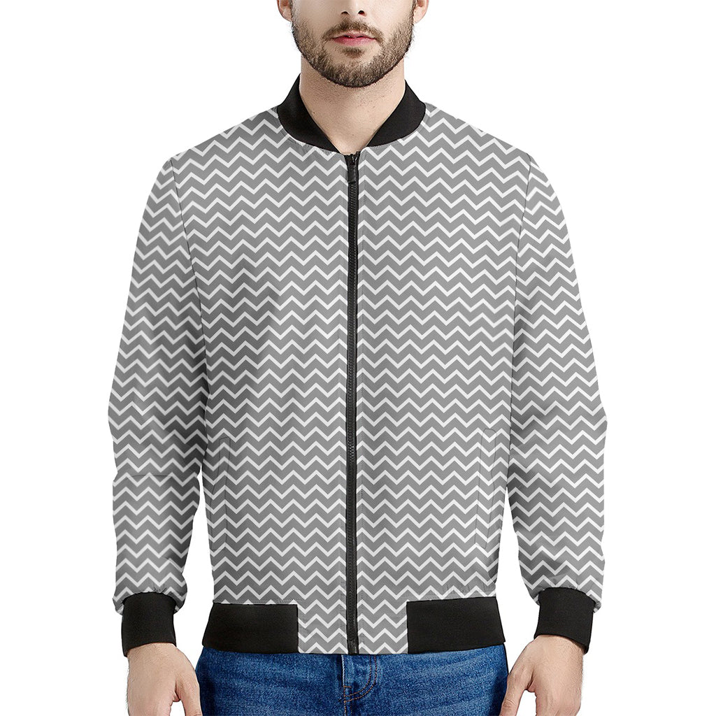 Grey And White Zigzag Pattern Print Men's Bomber Jacket