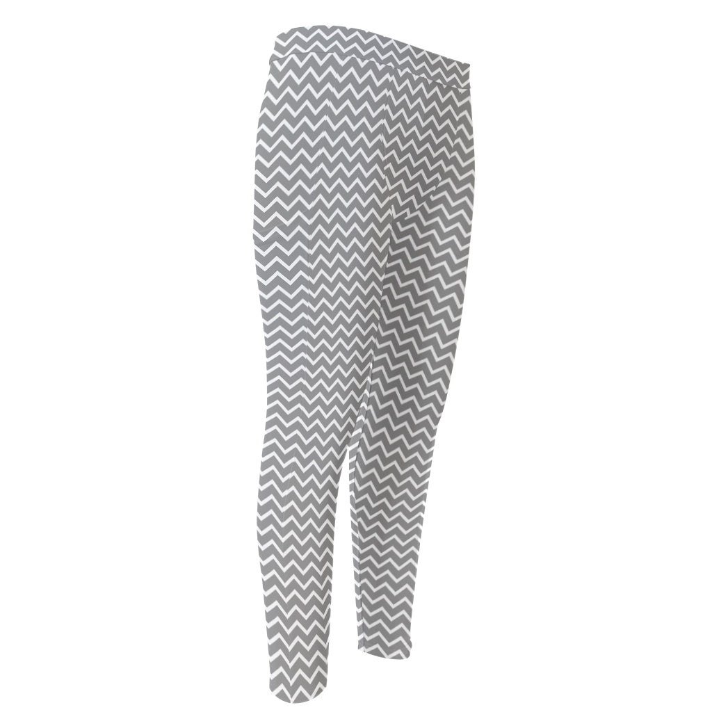 Grey And White Zigzag Pattern Print Men's Compression Pants