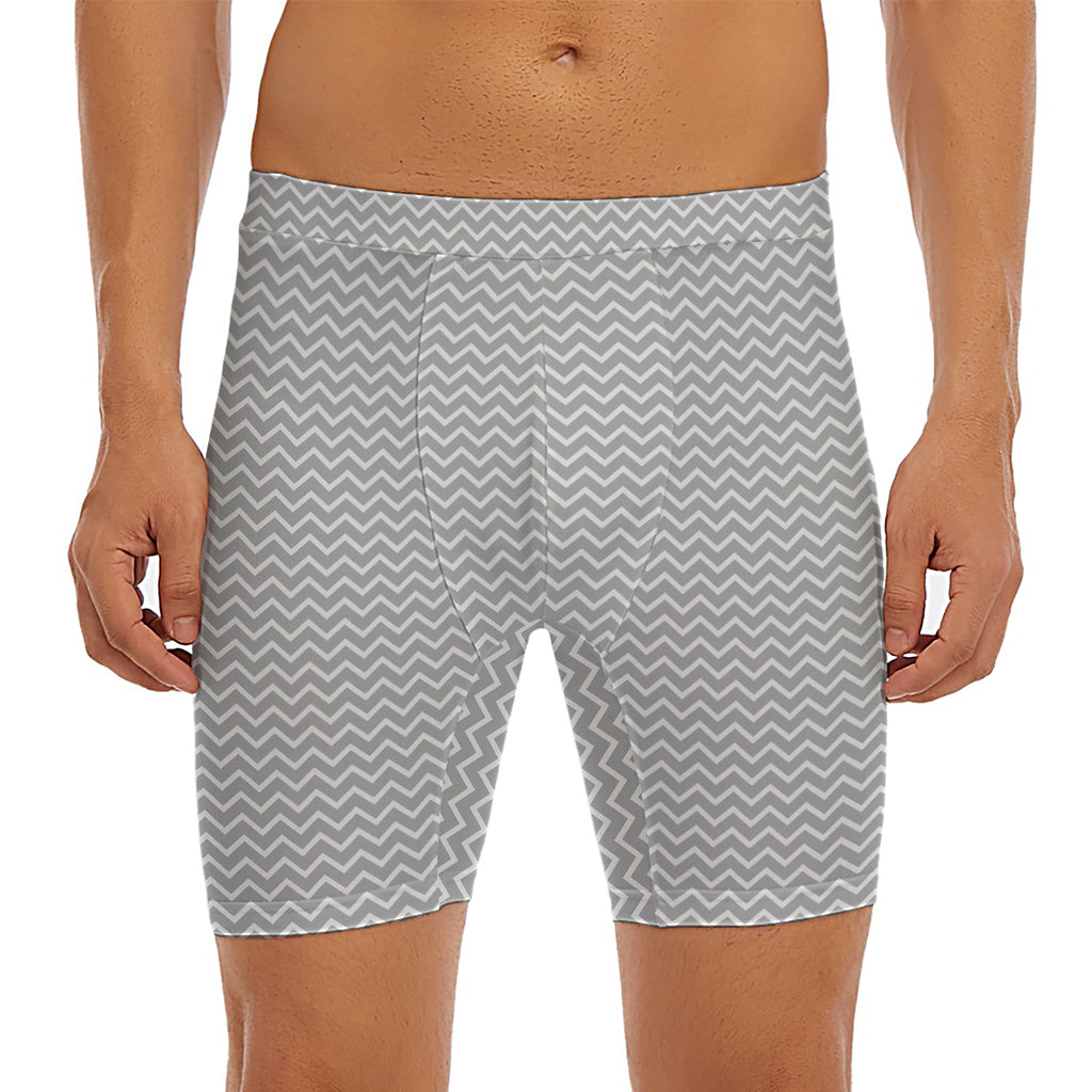 Grey And White Zigzag Pattern Print Men's Long Boxer Briefs
