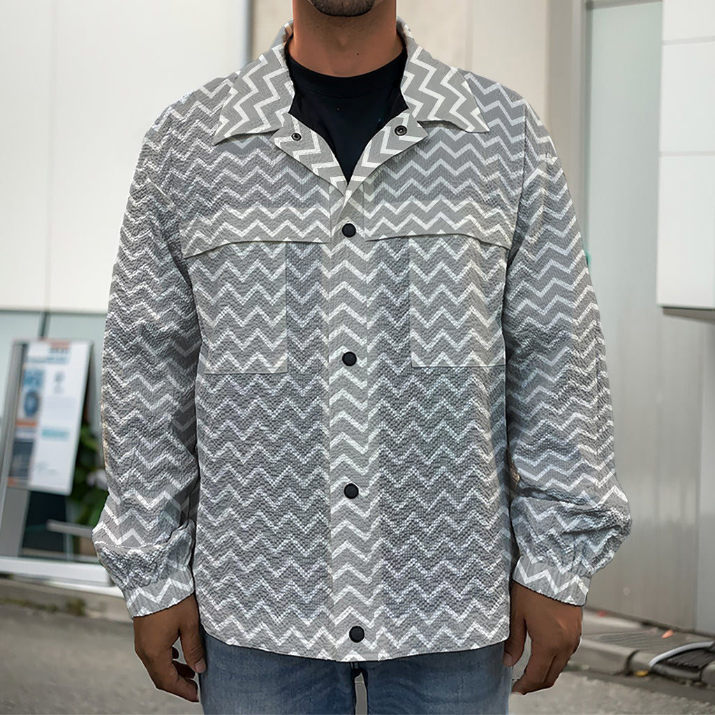 Grey And White Zigzag Pattern Print Men's Shirt Jacket