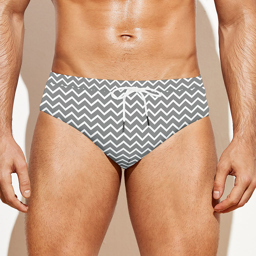 Grey And White Zigzag Pattern Print Men's Swim Briefs