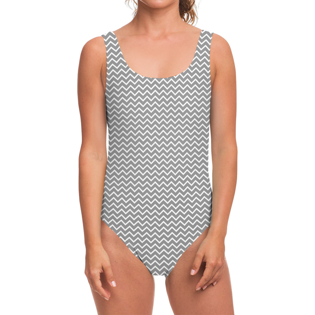 Grey And White Zigzag Pattern Print One Piece Swimsuit