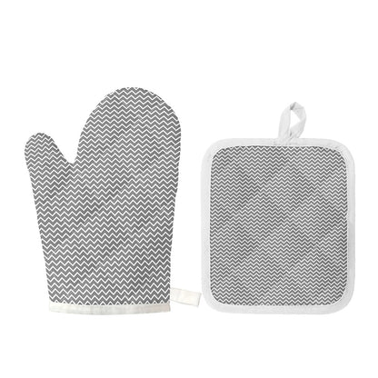 Grey And White Zigzag Pattern Print Oven Mitt And Pot Holder Set