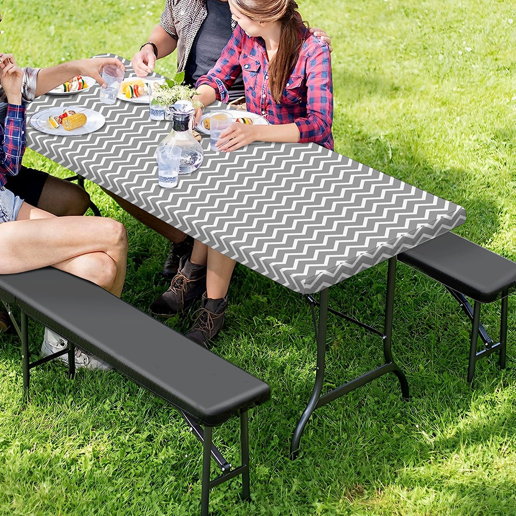 Grey And White Zigzag Pattern Print Picnic Table Cover