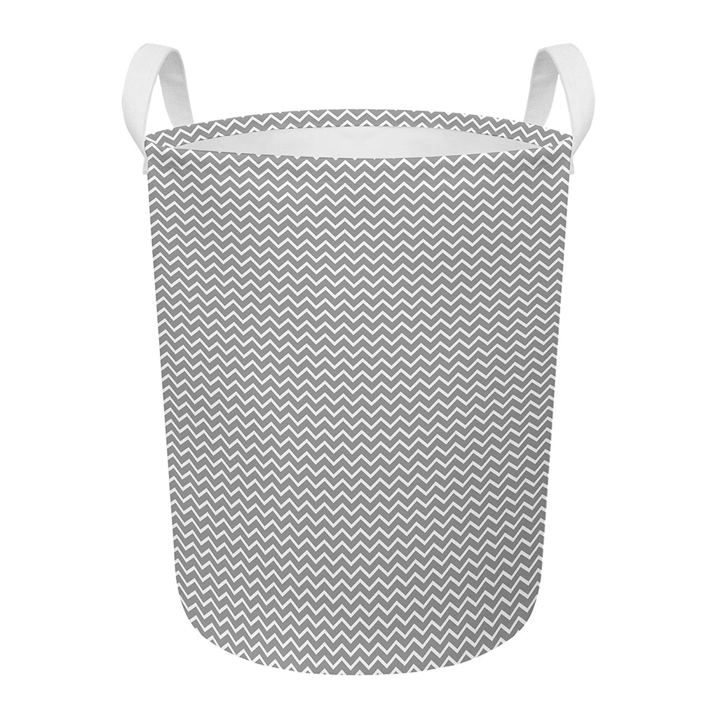 Grey And White Zigzag Pattern Print Round Laundry Basket