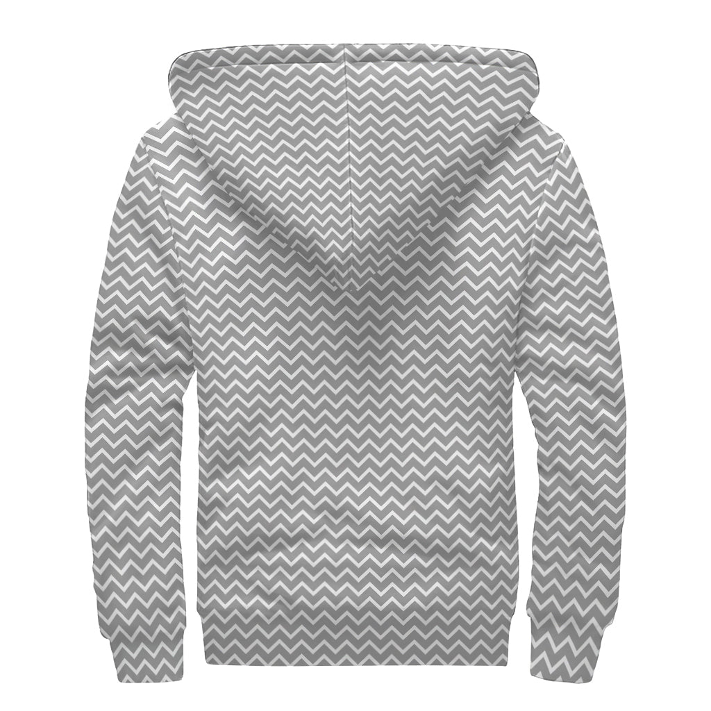 Grey And White Zigzag Pattern Print Sherpa Lined Zip Up Hoodie