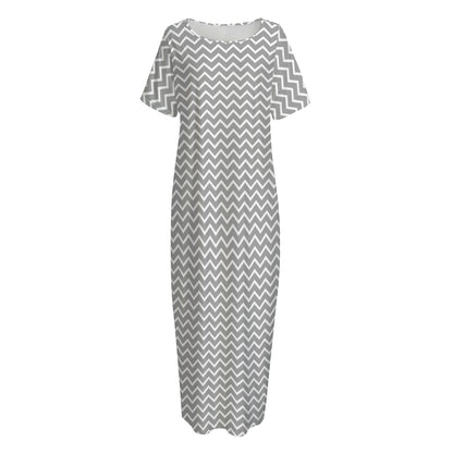 Grey And White Zigzag Pattern Print Short Sleeve Long Nightdress