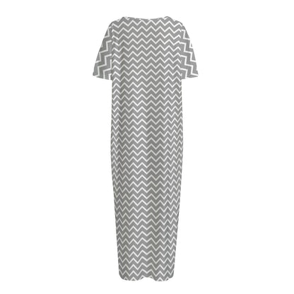 Grey And White Zigzag Pattern Print Short Sleeve Long Nightdress
