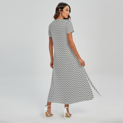Grey And White Zigzag Pattern Print Short Sleeve Maxi Dress