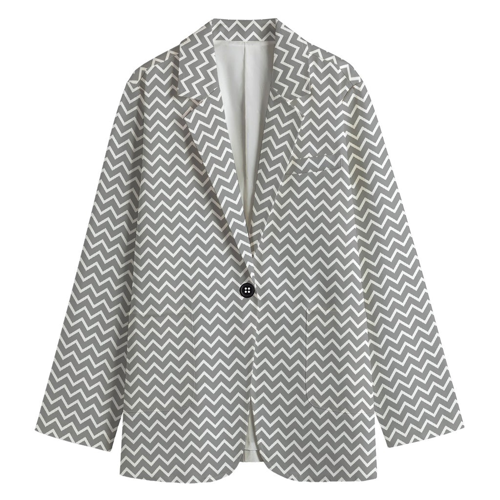 Grey And White Zigzag Pattern Print Women's Cotton Blazer