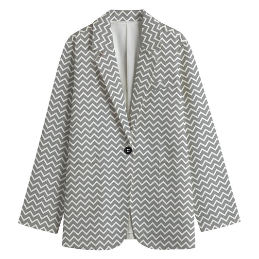 Grey And White Zigzag Pattern Print Women's Cotton Blazer
