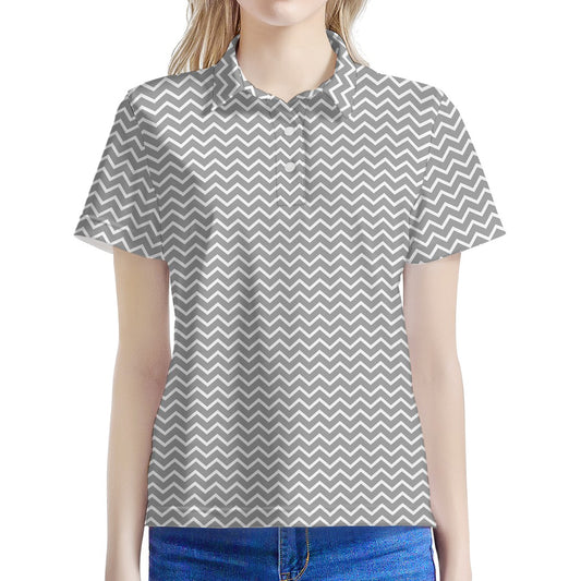 Grey And White Zigzag Pattern Print Women's Polo Shirt