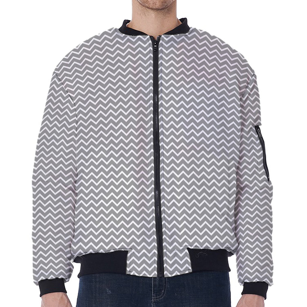 Grey And White Zigzag Pattern Print Zip Sleeve Bomber Jacket