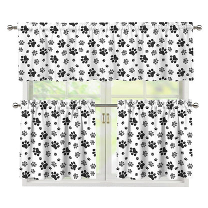 Grey Animal Paw Pattern Print 3 Piece Kitchen Curtains