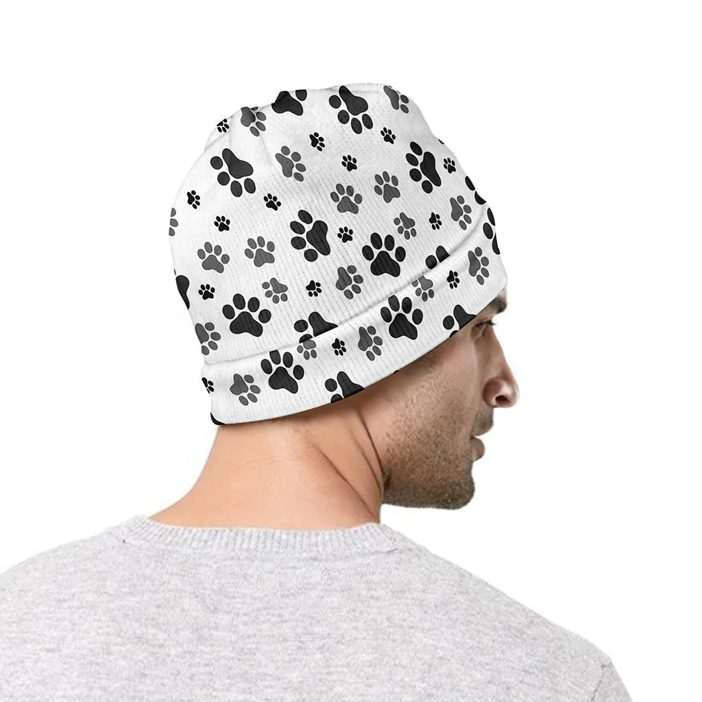 Grey Animal Paw Pattern Print Beanie