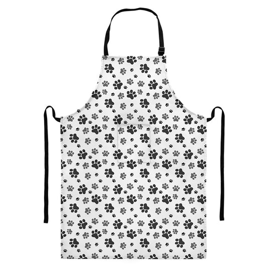Grey Animal Paw Pattern Print Bib Apron With Pocket