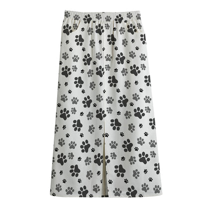 Grey Animal Paw Pattern Print Cotton Front Slit Maxi Skirt