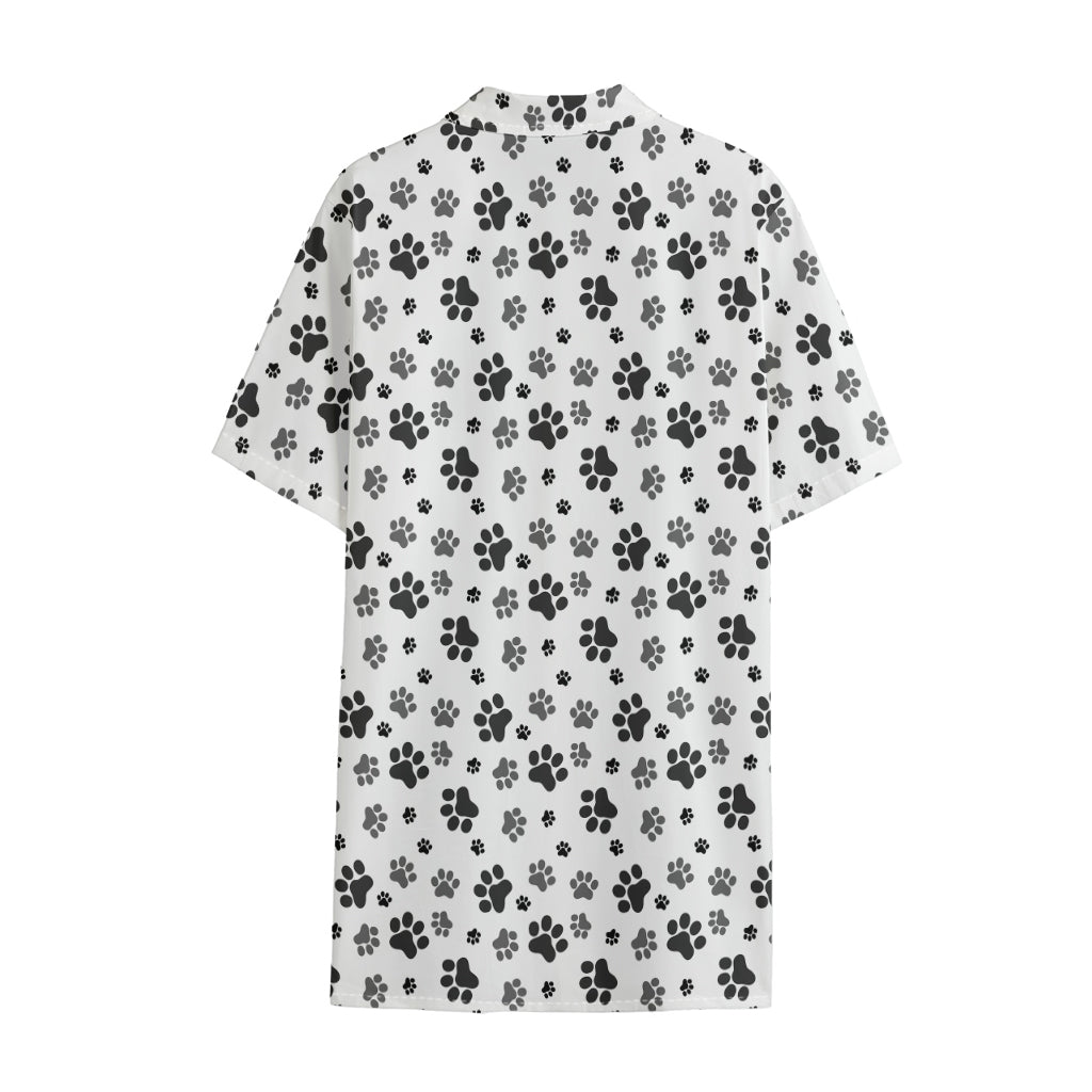 Grey Animal Paw Pattern Print Cotton Hawaiian Shirt