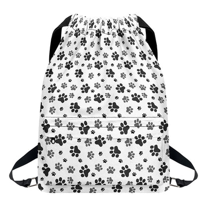 Grey Animal Paw Pattern Print Drawstring Backpack