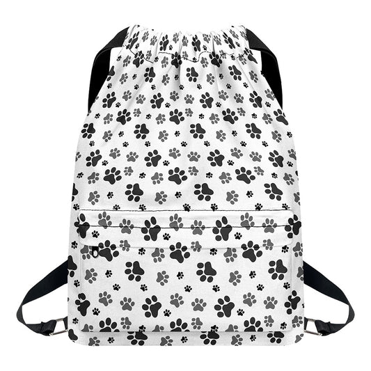 Grey Animal Paw Pattern Print Drawstring Backpack