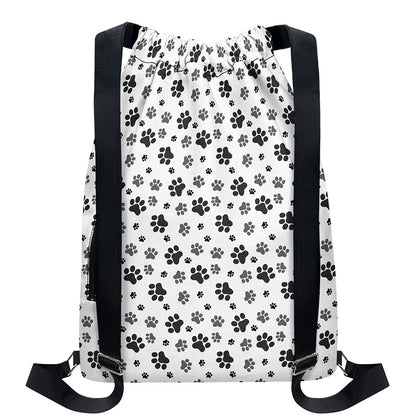 Grey Animal Paw Pattern Print Drawstring Backpack