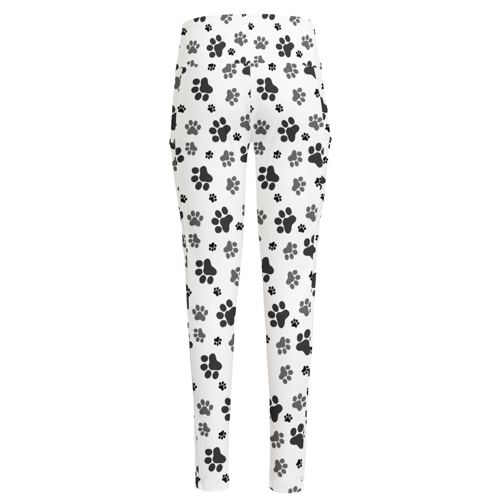 Grey Animal Paw Pattern Print High-Waisted Pocket Leggings