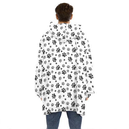 Grey Animal Paw Pattern Print Hoodie Blanket